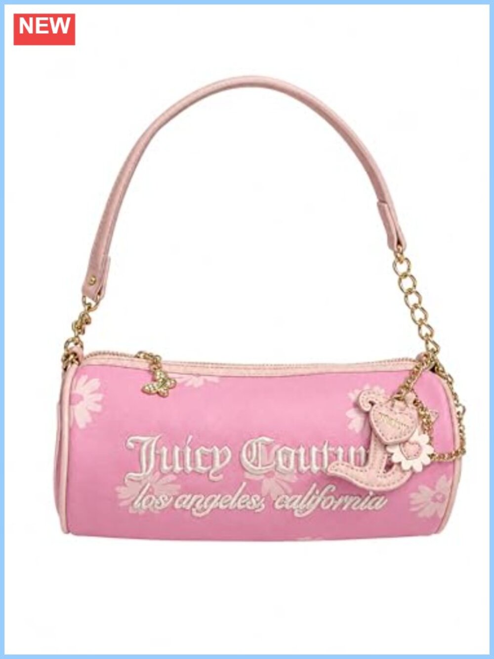 Juicy Couture Barrel Shoulder Bag with Gold-Tone Chain Strap and Floral Charms